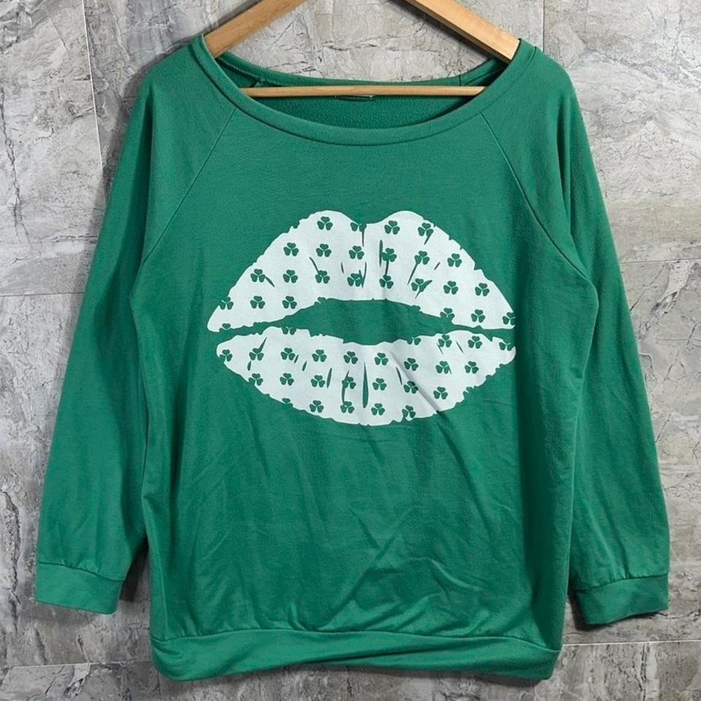Green off the shoulder sweatshirt with shamrock lips Woman's Size Large